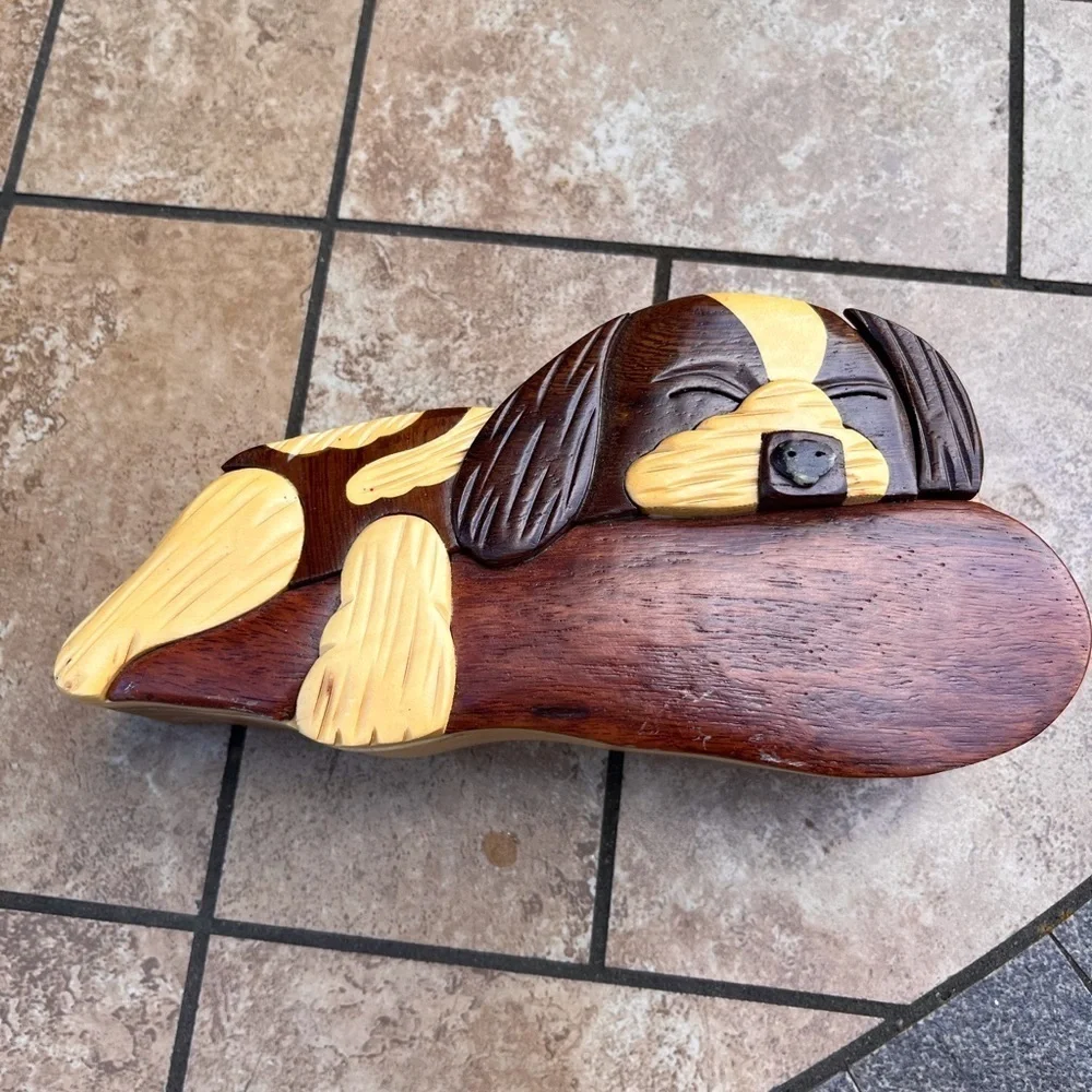 Vintage Wooden 3D Puppy Hideaway Box 4Pcs Wood Dog Laying Down Jewelry box